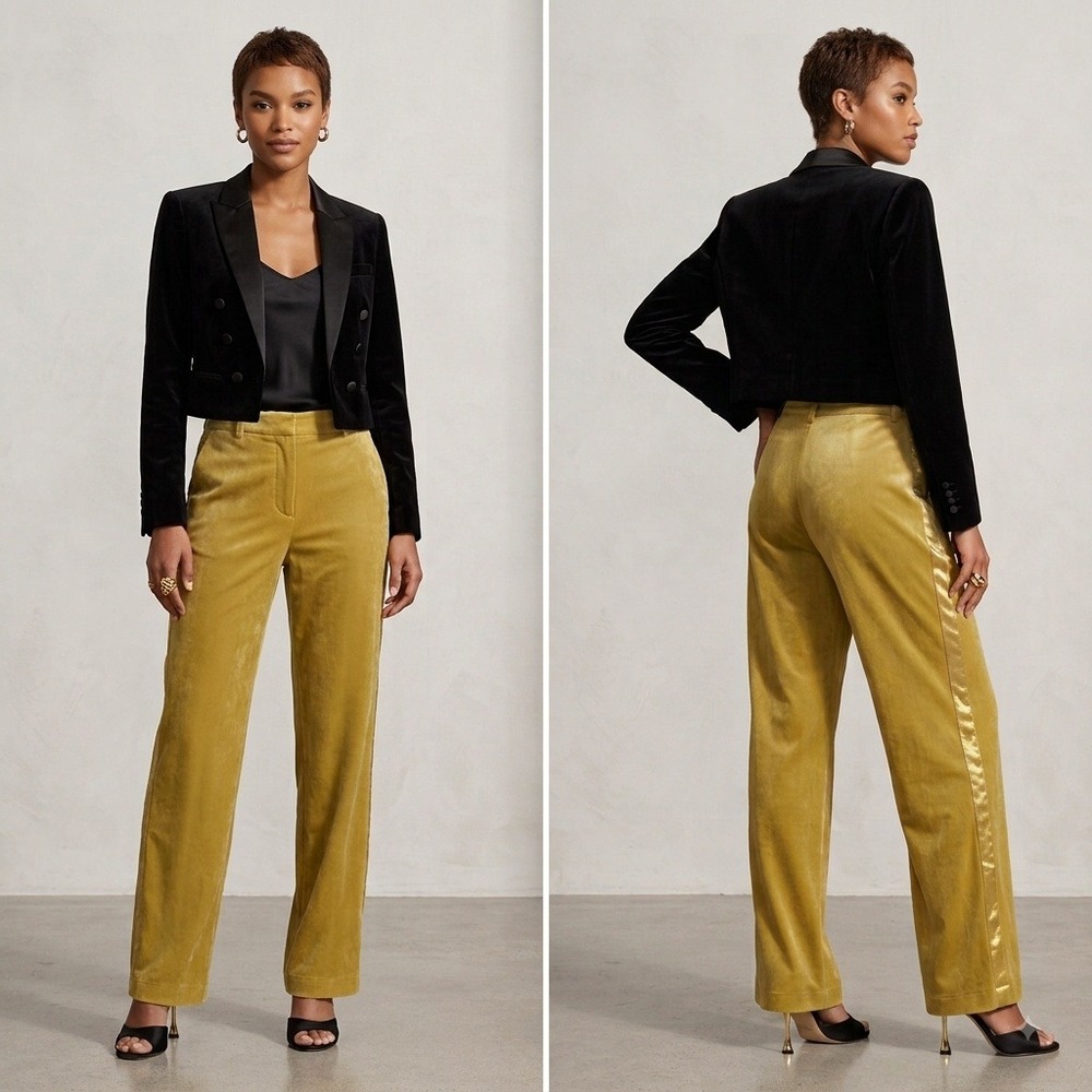 70s Retro 7 For All Mankind Mustard Yellow Velvet Wide Leg Tuxedo Stripe Pants 6
